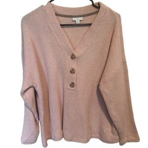 J. Jill- Pink Waffle Knit Henley Pullover Long Sleeve Sweater, Size XL